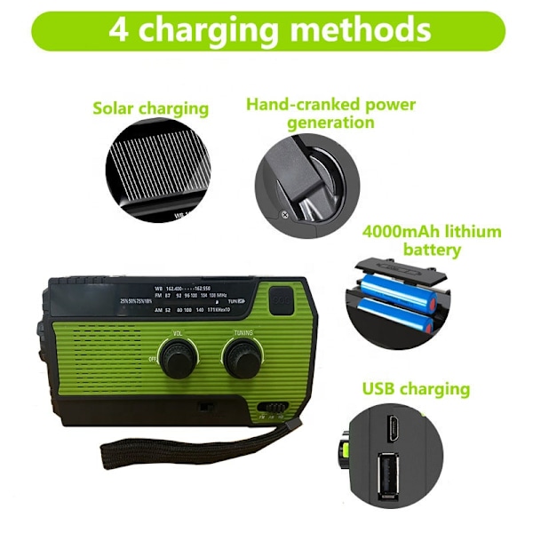 Solradio, 4000Mah Am/Fm-radio, Handvev Nödläslampa (Armégrön)