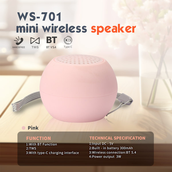 Coluna Bluetooth Ws-701 Tws Bluetooth 5.4 Høyttaler (Rosa)