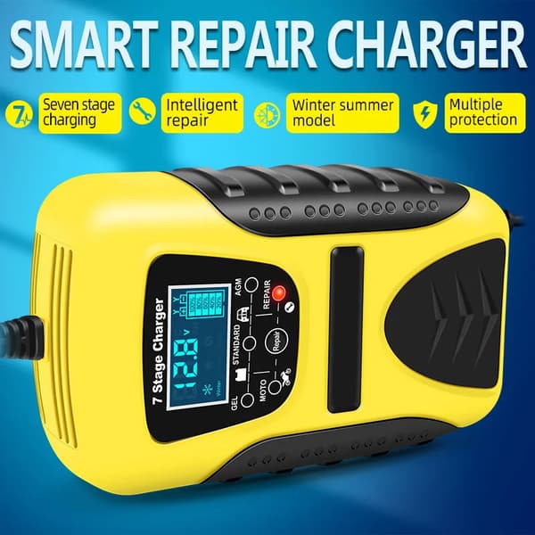 Batterilader 12V 7A Helautomatisk Batteriladermaskin LCD-skjerm Red