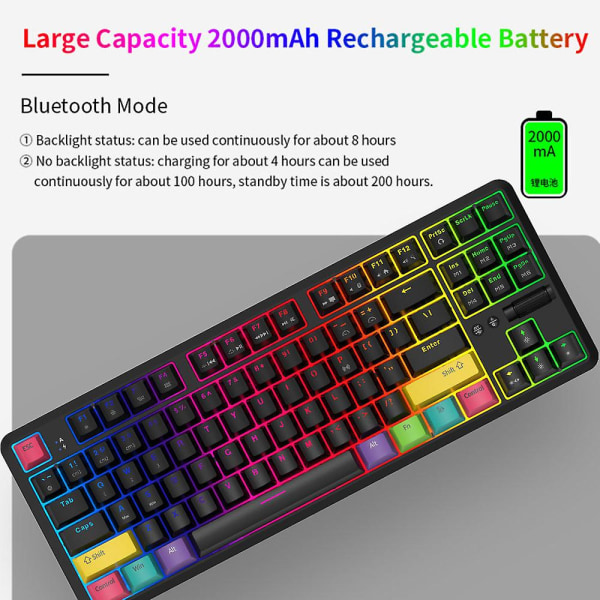 Ajazz K870t Bluetooth trådløst mekanisk tastatur 87 nøkkel Rgb bakgrunnsbelyst for spill/kontor Black Black Switch