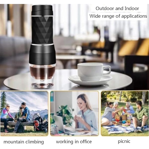 Bærbar kaffemaskine, manuel uden elektricitet, kompatibel med kaffekapsler/pulver (sort)