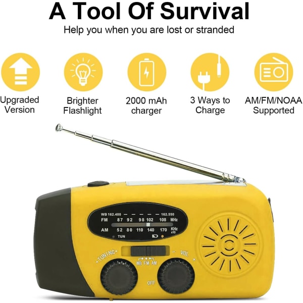 Clockwork Radio, Solar Emergency FM AM NOAA bærbar radio med SOS Alert Yellow