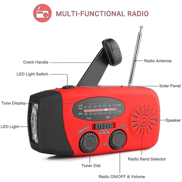 Nödväderradio med 3w led ficklampa, bärbar Am/fm Noaa handvevradio med 2000 mah, power med solcellsladdning, handvev USB laddning Red