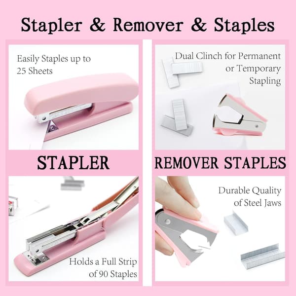 Rosa stiftemaskin og teipdispenser sett med stiftemaskin, teipdispenser, stiftfjerner, stifter, klips