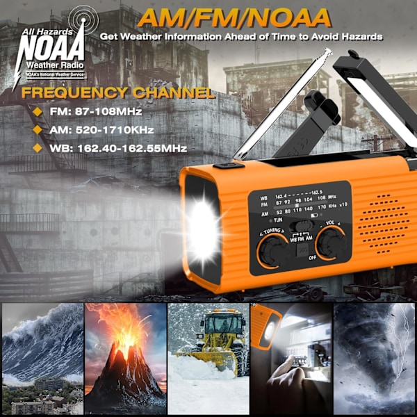 AM/FM/NOAA Soldriven Vevradio 2000mAh med Belysning och SOS-larm (Orange)