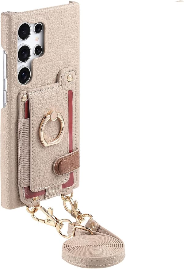 Etui Til Samsung Galaxy S25, Med Kortpladser Ringholder Skulderrem (Khaki)