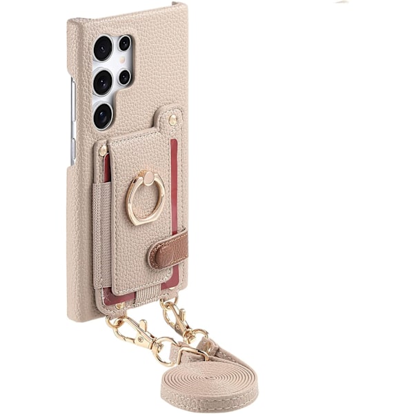 Etui til Samsung Galaxy S25 Plus, med kortlommer, ringholder og skulderrem (Khaki)