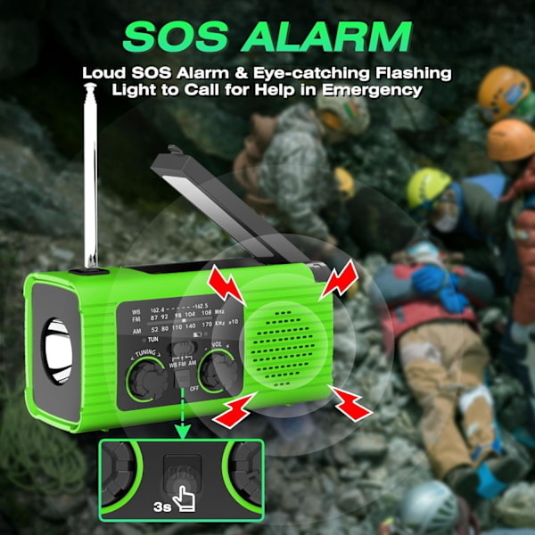Am/Fm/Noaa Soldriven Vevradio 2000Mah Med Belysning Och Sos-Larm (Grön)
