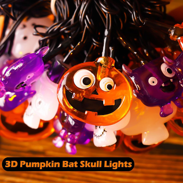 70 LED Pumpa Spindel Dödskalle Ljusslinga - 6,9 m Orange Lila Vit Halloween Ljusslinga med Timerfunktion, Kopplingsbar Belysning för