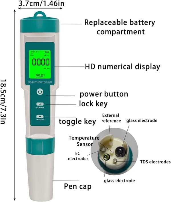 Digital pH-meter, 7-i-1 PH/ORP/EC/TEMP/SALT/SG/TDS Vandkvalitetstester