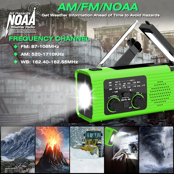 Am/Fm/Noaa Soldriven Vevradio 2000Mah Med Belysning Och Sos-Larm (Grön)