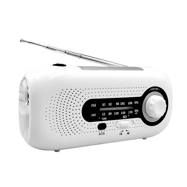 AM/FM Nödradio med Solceller och Handvev, SOS-larm, 4 Lägen Ficklampa (vit)
