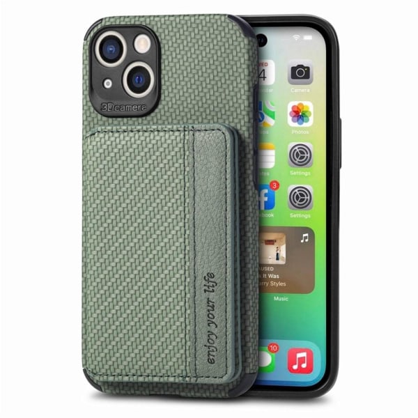 iPhone 14 Carbon Fiber Texture Skal med Korthållare - Grön Grön