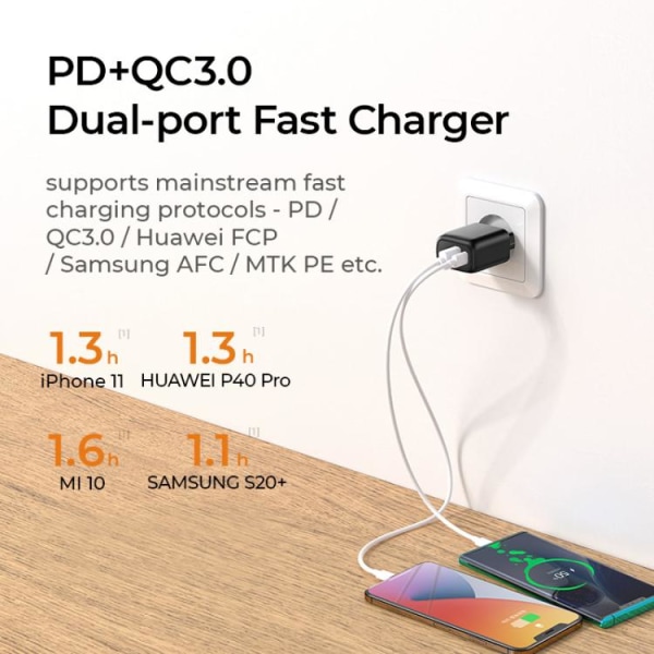 SiGN Snabbladdare PD & Q.C, 3.5A 20W, USB-C & Lightning Kabel, 1m