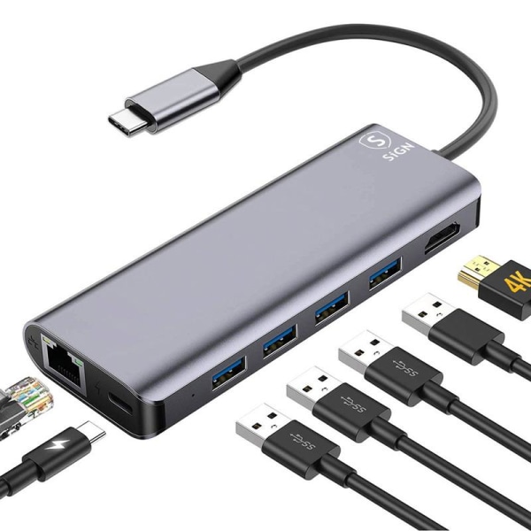 SiGN 7-i-1 USB-C-hub HDMI RJ45 USB-C, max 100W, 20V, 5A - Grå grå