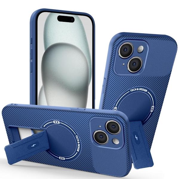iPhone 15 Skal Stativ Kolfibertextur - Blå Blå