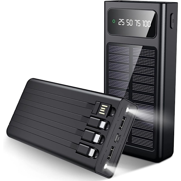 SiGN Kraftfull Solcell Powerbank med Inbyggd Kablar, 20000mAh - Svart Svart