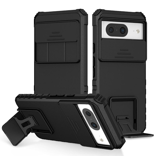 Google Pixel 8 skal med ett kameraskydd och stativ - Svart Svart