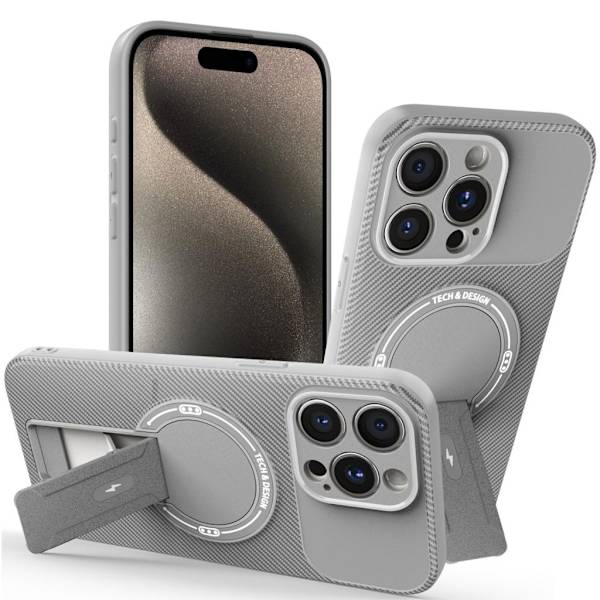 iPhone 15 Pro Skal Stativ Kolfibertextur – Grå grå