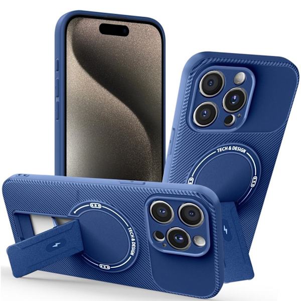 iPhone 15 Pro Skal Stativ Kolfibertextur - Blå Blå