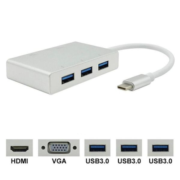 5-in-1 USB-C till HDMI, VGA, 3xUSB-A Hubb - Vit Vit