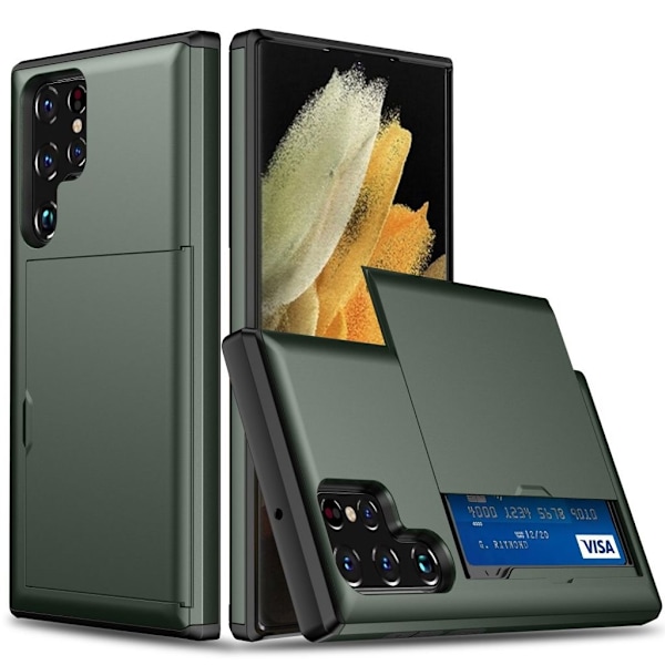 Samsung Galaxy S24 Ultra Skal med glidkortshållare - Army Green Grön
