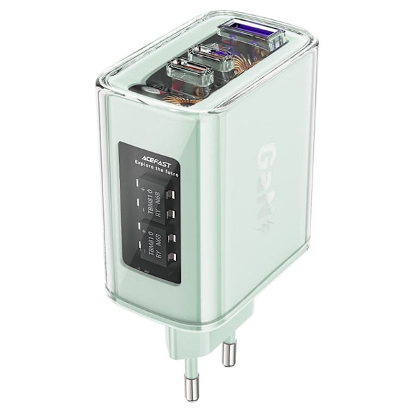 Acefast laddare GaN 65W, 3 portar (1xUSB, 2xUSB-C) - Grön Grön
