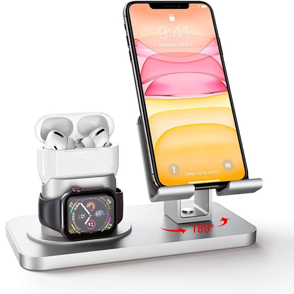 3-i-1 Ställ med 180° Rotation för iPhone, Apple Watch & AirPods - Silver Silver
