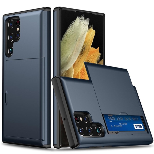 Samsung Galaxy S22 Ultra 5G skal med en korthållare - Mörkblått Blå
