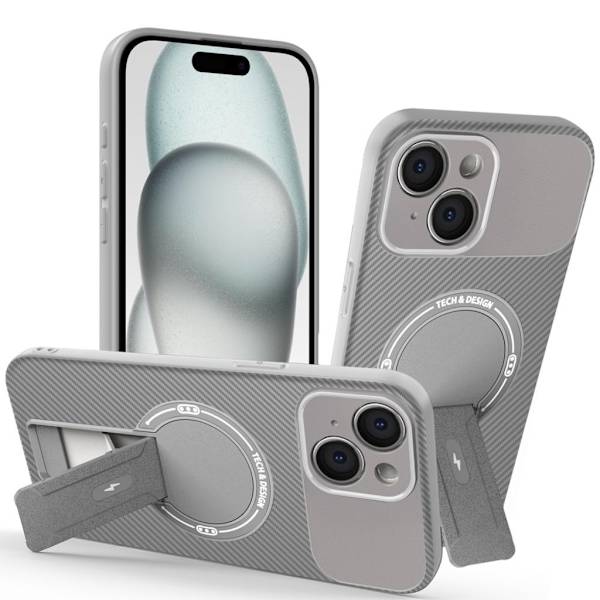 iPhone 15 Skal Stativ Kolfibertextur - Grå grå
