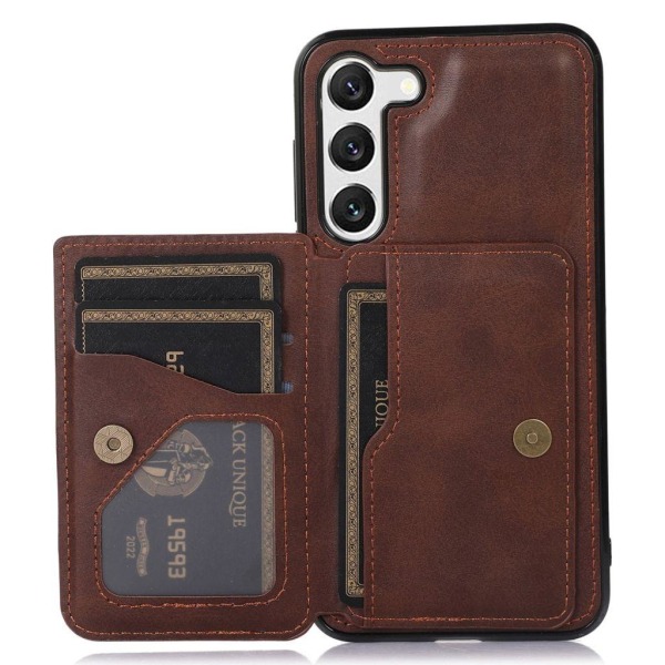 Magnetiskt Samsung Galaxy S23 skal med en plånbok och ett stativ Brun