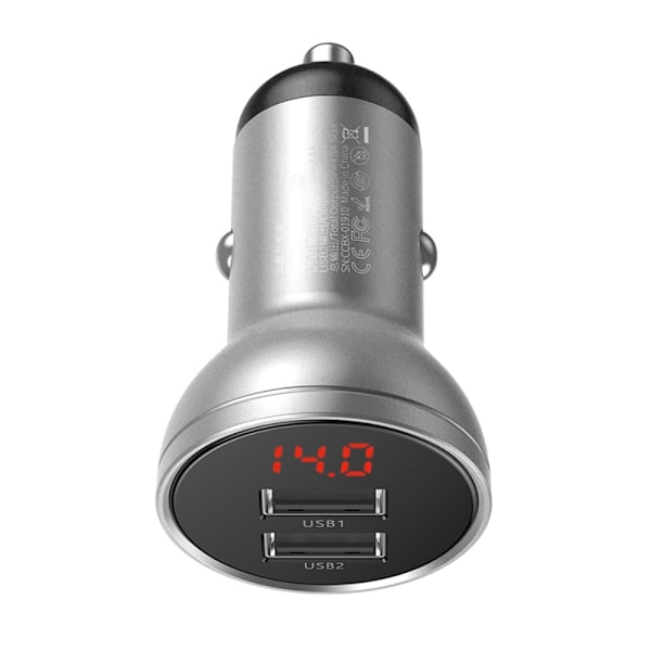 Baseus Billaddare med Display, 24W Dual USB - Silver Silver