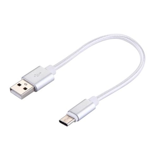 SiGN USB-C Kabel kort, 2.4A, 12W, 20cm, Nylon - Silver Silver