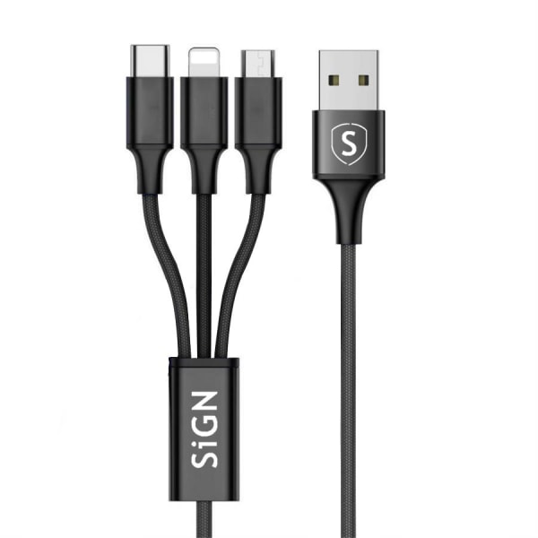 SiGN 3-i-1 Kabel Lightning, USB-C, Micro-USB, 2.4A, 0,25m - Svar Svart