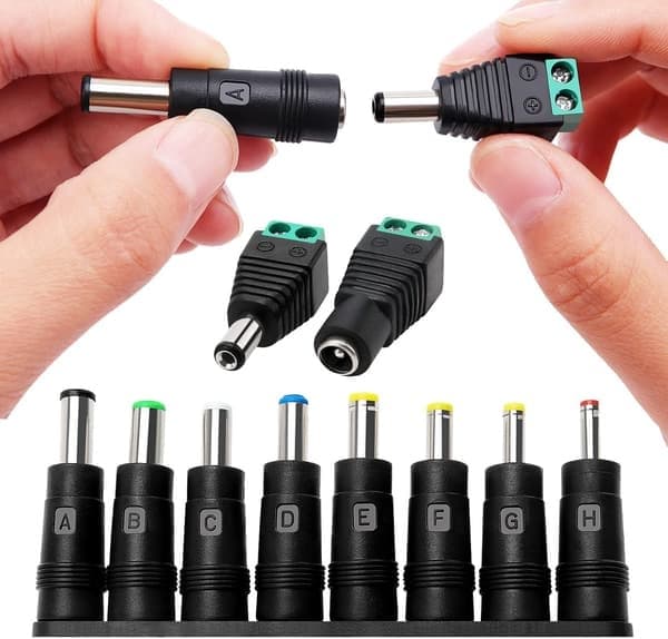 8-i-1 DC strømadapter til bærbar computer, 5.5x2.1mm hun til han adapter med DC han- og hunkonnektorer