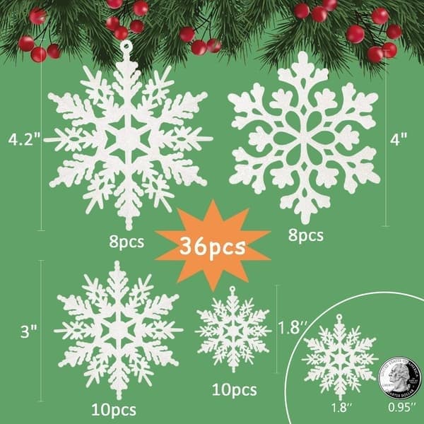 36 stykker plast snøflak med glitter, hvite, julepynt for innendørs, vinterlandskap