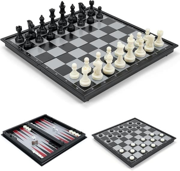 Schackset Backgammon och Dam 3 i 1, Bärbart och Hopfällbart Schackbräde, Magnetiskt Schack, Reseschackbräde Dam