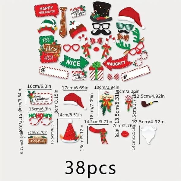 38 stykker julefrokost fotorekvisitter, sjove og varierede julefrokosttilbehør