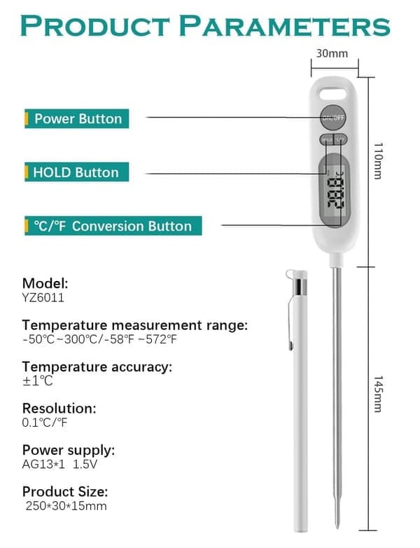 Kjøkkentermometer, digitalt hurtiglesende koketermometer, kjøtttermometer for grilling, mat, væsker, olje, vann (25,5*34cm)