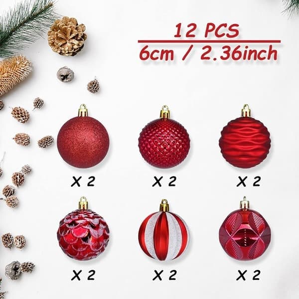 12-pack julkulor röd, julgransdekorationer med hängsnöre