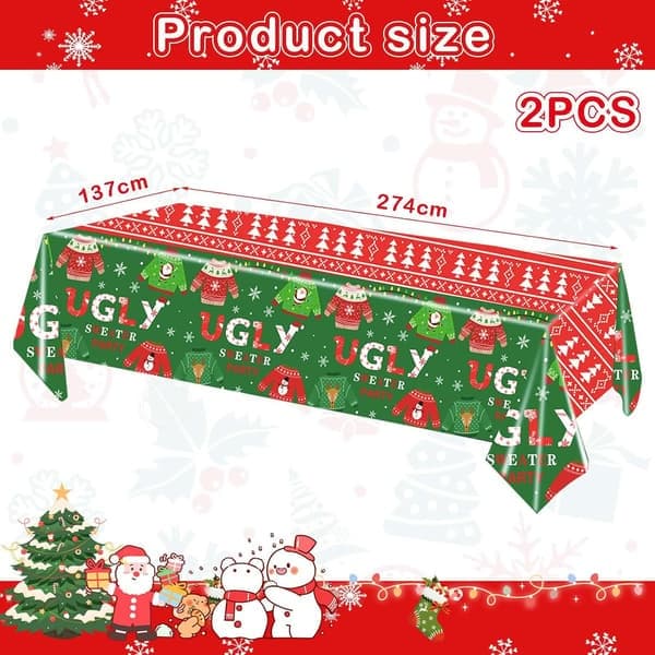 Juledug, 2 stk., 137 x 274 cm, stor rød rektangulær dug til jul, grim sweater, middag, glædelig