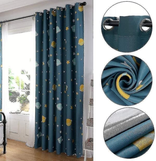 st blå planet gardiner, mörkläggningsgardiner för barn, mörkläggningsgardiner i polyester med tecknade blå planeter för sovrum, barnrum