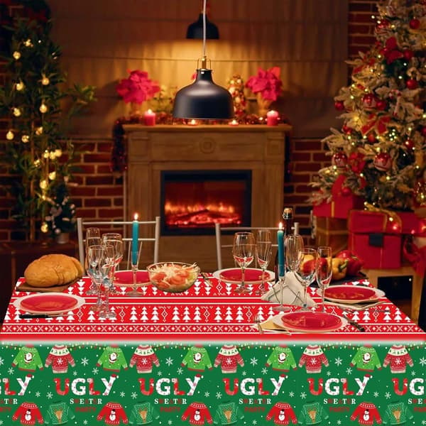 Juledug, 2 stk., 137 x 274 cm, stor rød rektangulær dug til jul, grim sweater, middag, glædelig