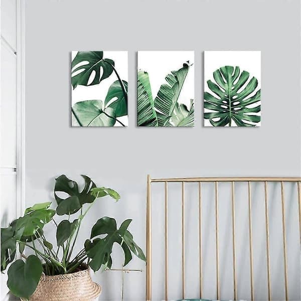 Canvas Väggkonst Gröna Löv Enkel Vardagsrumsmålning Sovrum Väggdekor Monstera Växter 3 Delar Inramade