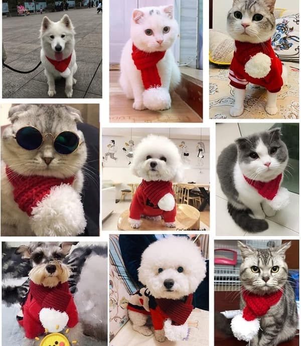 Julehalstørklæde til hund kat - Med hvid pompon - 70cm - Julehalstørklæde til hund - Julehalstørklæde til kat - Julehalstørklæde til kæledyr