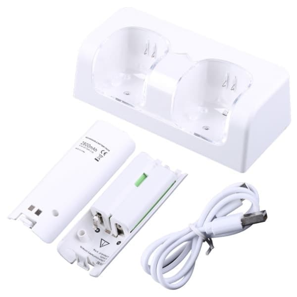 Fjernkontroll Dobbel Ladestasjon + 2 Batterier for Wii Gamepad, Lader med LED-lys Hvit