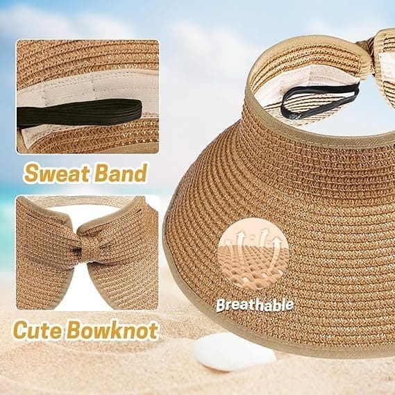 Upprullbar sommarsolhatt, stråhatt med bred brätte, strandhatt, flickhatt med rosett