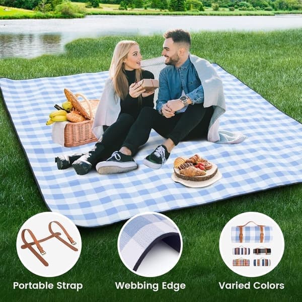 Ekstra stort piknikteppe, vanntett og sammenleggbart strandteppe, for camping, park, strand, gress, innendørs White & Blue Grids