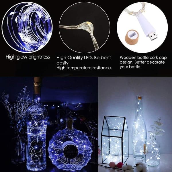 LED-vinflasklampor, (kallvit, 3-pack) USB-uppladdningsbara, inga batterier krävs, 2M 20 LED, batteridrivna ljusslingor