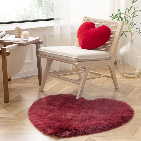 Røde hjerteformede pyntepuder, kunstig kaninpels 3D fluffy hjerte dekorativ, bløde pyntepuder gave til børn stue og sofa